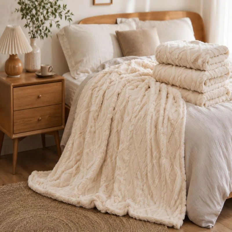 Ultra soft sofa blanket coral fleece woven pattern fluffy and warm touch for winter_copy0001
